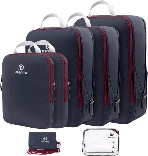 PFEYRPK Ultralight Compression Packing Cubes for Travel,Expandable Packing Organizers for carry on Suitcase With Clear Toiletries Bag and Backpack Bag 7 Set