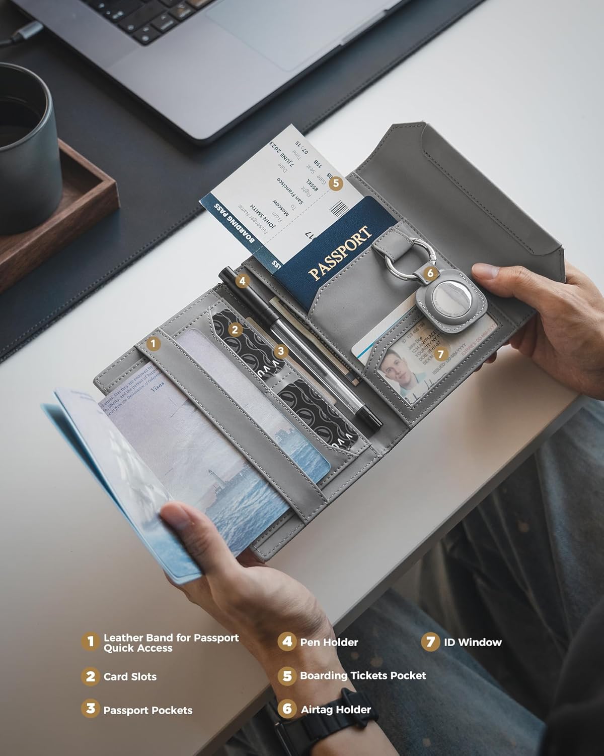 VULKIT Passport Card Holder, Vegan Leather Passport Wallet, RFID Blocking, Travel Essential, Magnetic Closure, Detachable AirTag Holder, Grey - Image 3