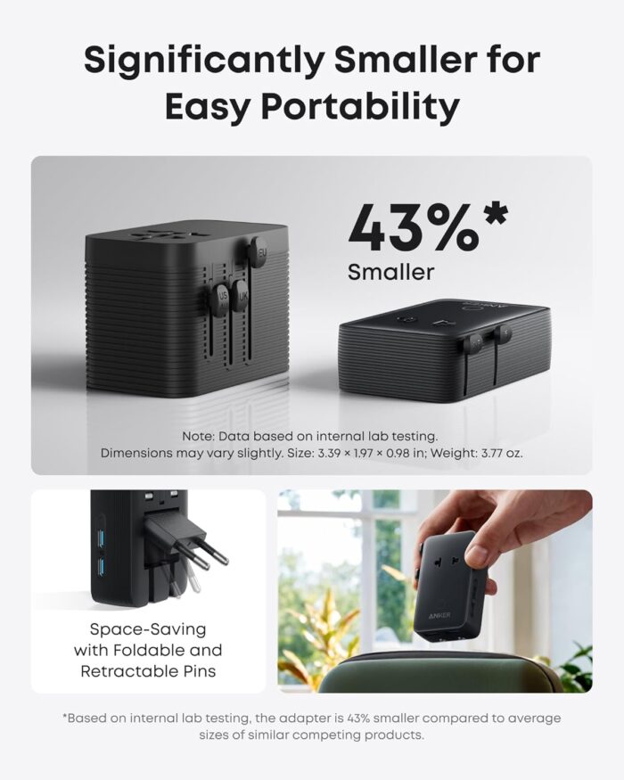 Anker Nano European Travel Plug Adapter, 5-Port Fordable Travel Adapter with 1AC 2USB-A 2USB-C Ports,Temperature Control, Essentials for Over 200 Countries, Ideal for Travel (1-Pack) (Black) - Image 4