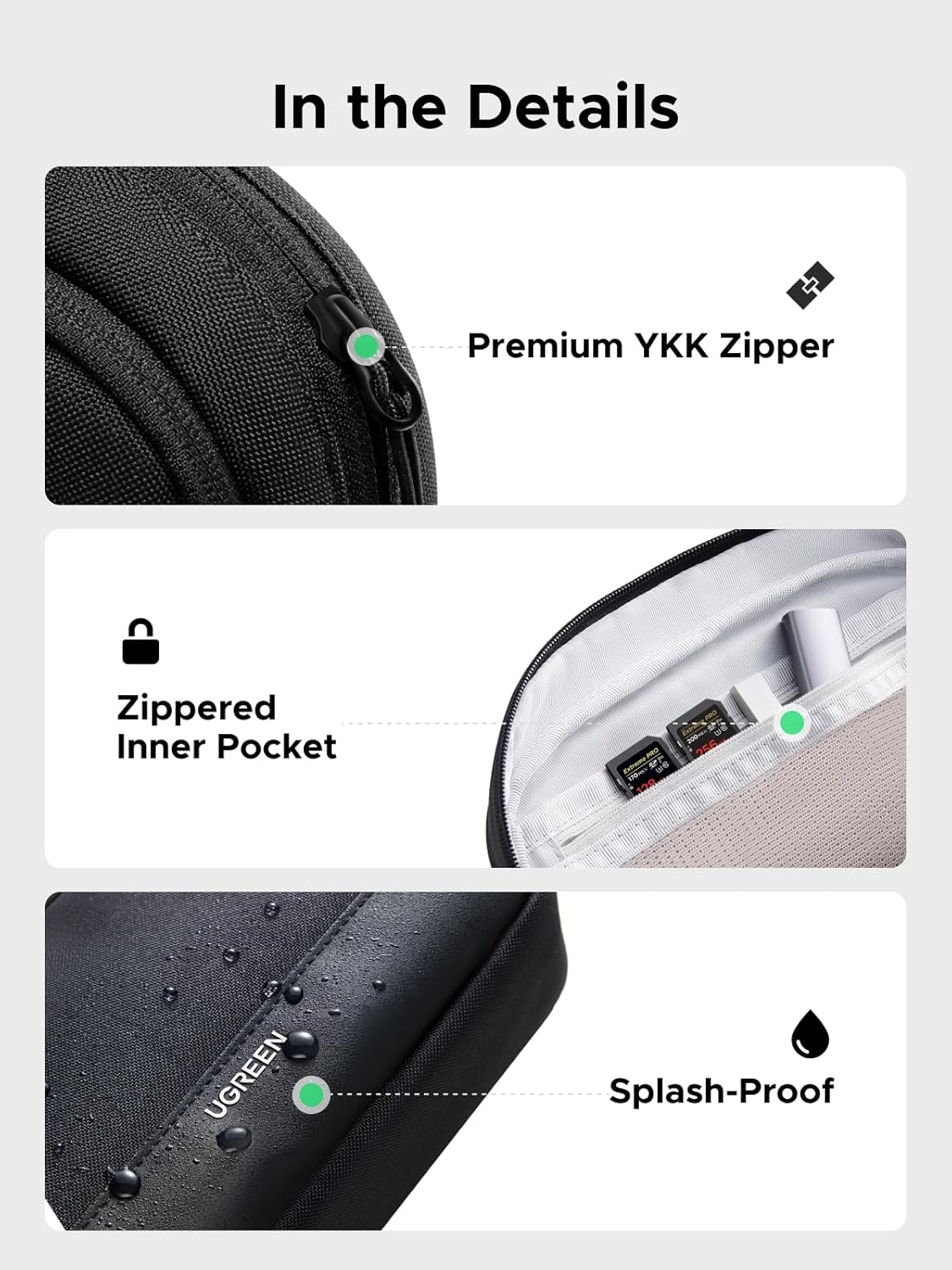 UGREEN Travel Case Electronics Organizer, Tech Pouch Portable Cable/Charger Case with YYK Zipper, Waterproof, Multi-Layer Compatible for Game Cards/Hard Drive, Lightweight and Compact, S - Image 4