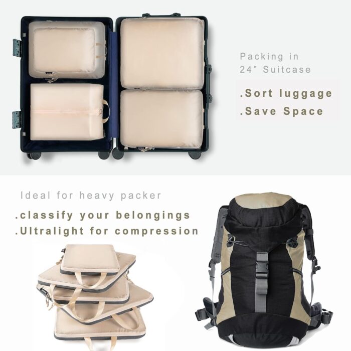 BAGAIL 6 Set Ultralight Compression Packing Cubes Packing Organizer with Shoe Bag for Travel Accessories Luggage Suitcase Backpack(70D,Beige) - Image 6