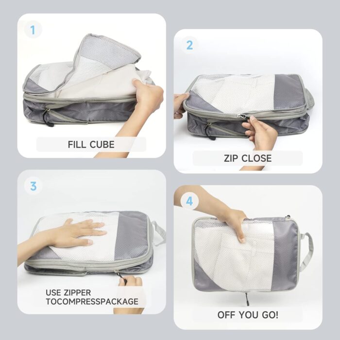 SYCARON Compression Packing Cubes for Travel, 7 Piece Travel Packing Organizers Bags Mesh Expandable Luggage Organizer Cubes for Carry on Luggage with Laundry Bag, Shoes Bag, Underwear Bag, Grey - Image 8