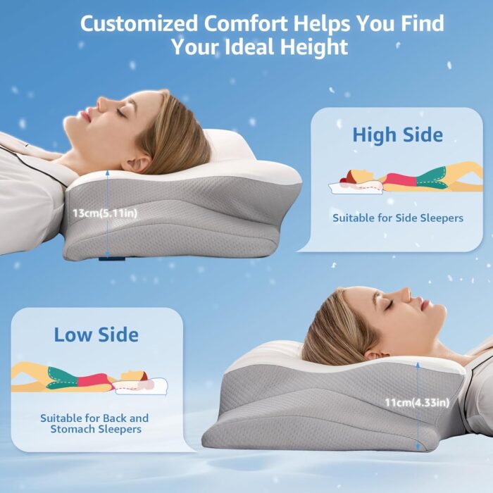 Memory Foam Pillow Neck Support Pillow for Sleeping,Neck Pillow for Neck adn Shoulder,Cooling Pillow with Breathable Silk Case, Coutour Pillows 2 Heights for Side, Back and Stomach Sleepers - Image 5