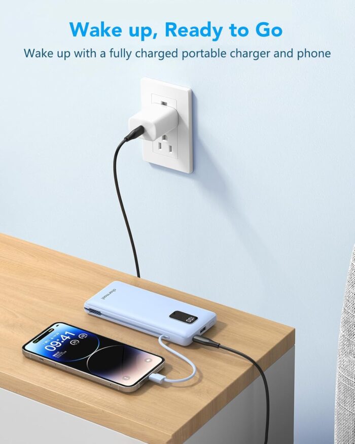 Charmast Portable Charger with Built-in Cables and AC Wall Plug, 10000mAh Ultra Slim Power Bank with 5 Outputs & 2 Inputs, External Battery Pack Compatible with iPhone 14/13, Samsung Galaxy, etc - Image 7