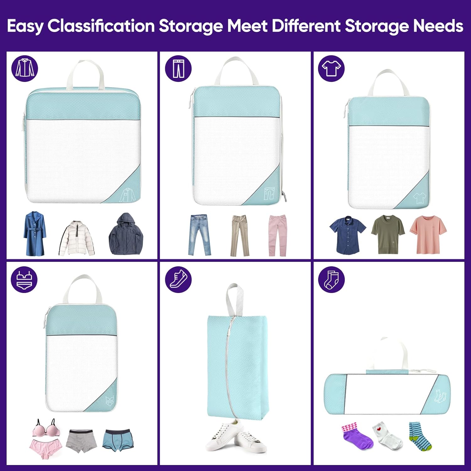 SWIHELP Compression Packing Cubes for Suitcases, Travel Luggage Organizer, Travel Packing Kit with Clothes Storage Bag Shoes Bag Toiletry Bag Underwear Bag - Image 4