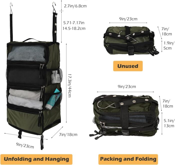 TABITORA Travel Luggage Organizer Hanging Packing Cubes Portable Hanging Shelves Carry on Closet for Suitcase with 2 Hooks,Collapsible (green, Small) - Image 3