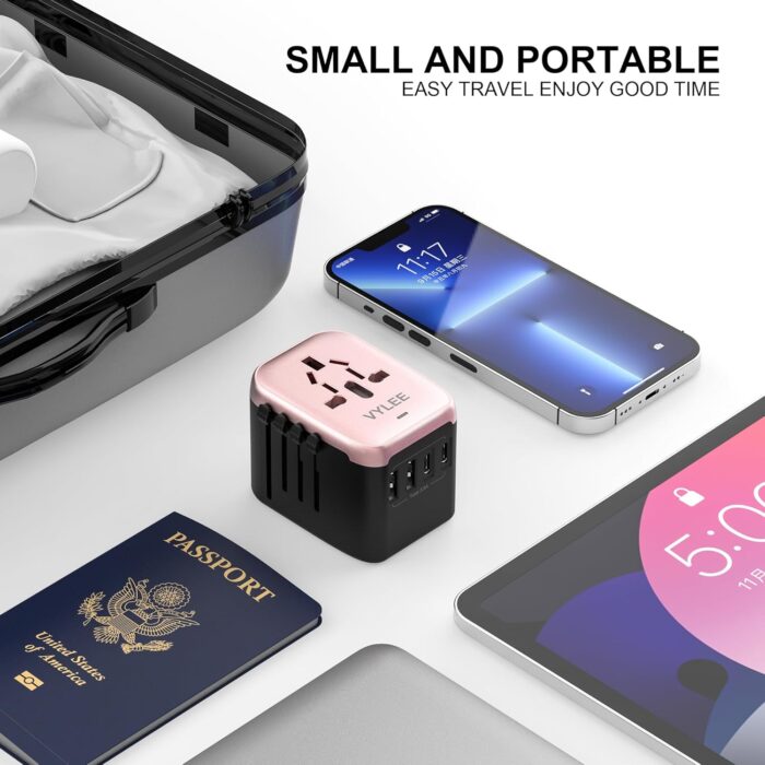 VYLEE Universal International Power Travel Plug Adapter, 5 in 1 European Travel Plug Adapter W/ 3.5A 2xUSB-A and 2xUSB C Wall Charger and Worldwide AC Outlet for Europe USA UK AUS Asia(Rose Gold) - Image 7