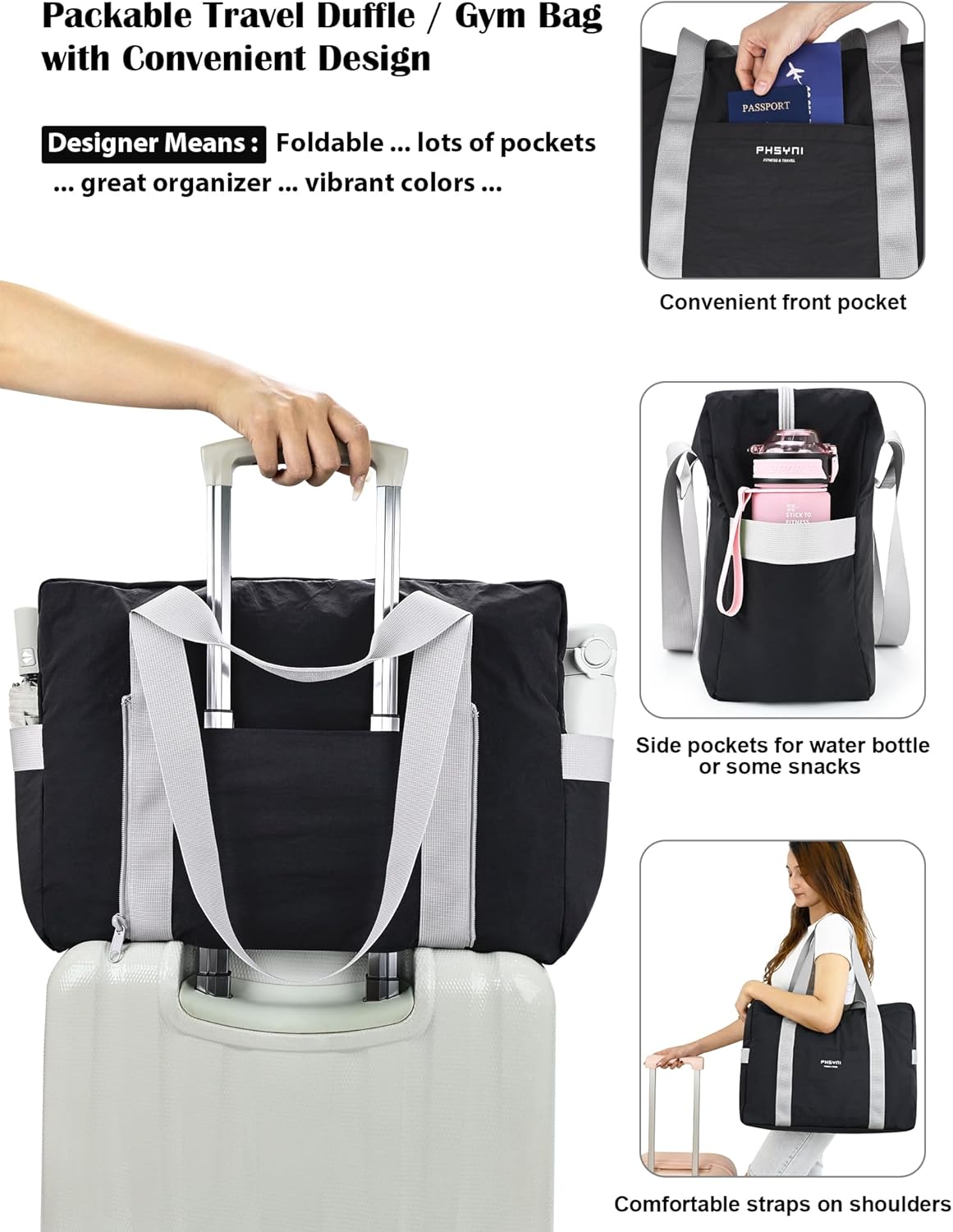 Foldable Duffel Bag 18x14x8 Inches,Personal Item Bag for Frontier & Spirit Airlines,Portable Travel Bag for School, Moving and Camping,Black - Image 3