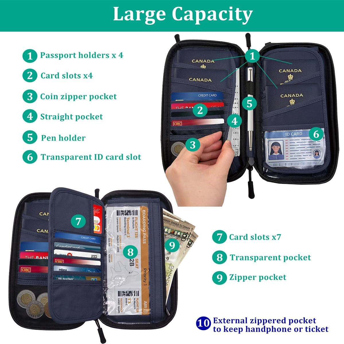 Passport Holder for Travel HADEEONG Blue Passport Travel Organizer Family Travel Document Organizer with RFID Blocking Passport Wallet Pouch for Men Women Airplane Cruise Travel Essentials - Image 2