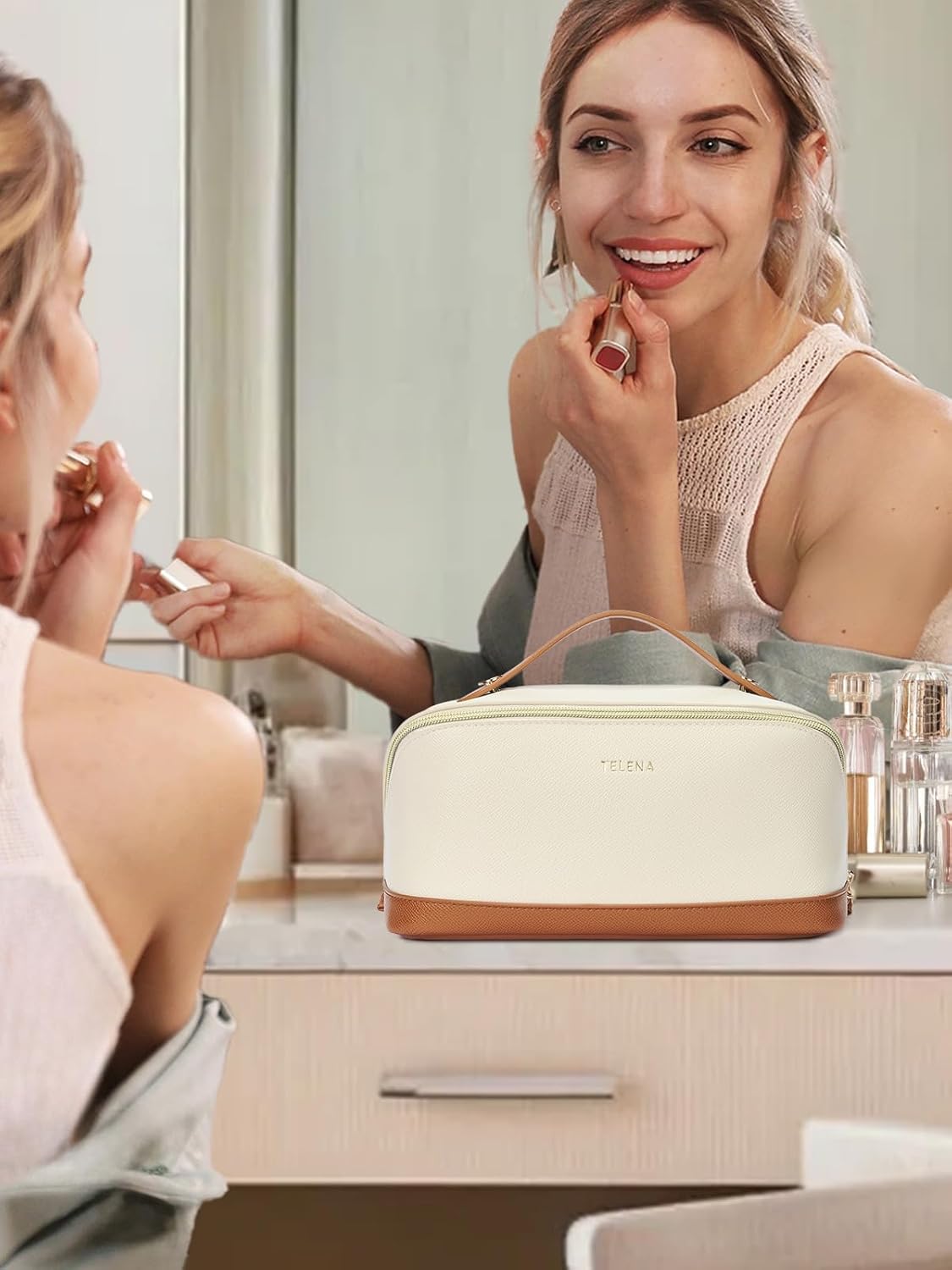 Telena Makeup Bag Large Capacity Travel Cosmetic Bag Portable PU Leather Waterproof Makeup Organizer Bags for Women with Handle and Divider Open Flat Beige with Brown - Image 8