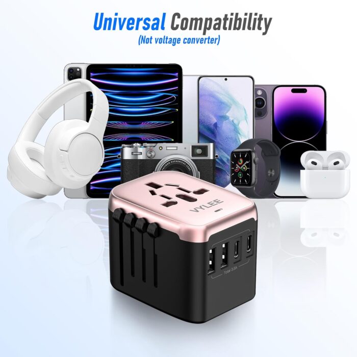 VYLEE Universal International Power Travel Plug Adapter, 5 in 1 European Travel Plug Adapter W/ 3.5A 2xUSB-A and 2xUSB C Wall Charger and Worldwide AC Outlet for Europe USA UK AUS Asia(Rose Gold) - Image 6