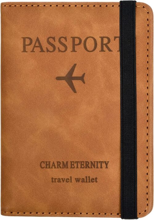 Dokpav RFID Blocking Passport Holder, Passport Book Holder Cover Case with Elastic Strap, PU Leather Passport Holder with SIM Card Slot, Travel Wallet Cover Case for Business Trip Travel (Light Tan)