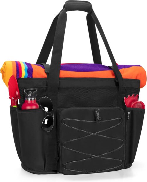 Fasrom Large Mesh Beach Bag with Zipper Bottom, Oversized Family Beach Bag Tote with Wet & Dry Separation for Summer Beach, Pool and Travel (Patent Design), Black
