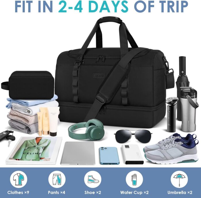 ETRONIK Travel Duffle Bag for Men Women, Weekender Overnight Bag with Shoe Compartment & Toiletry Bag, Gym Bag, Carry on Bags for Sports Business Trip Airplanes Black - Image 2