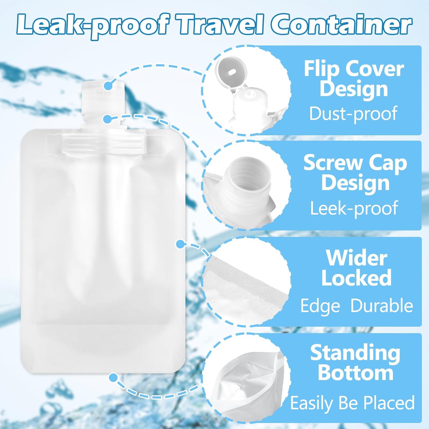 Mulaibdin 15 Pcs Travel Pouches for Toiletries, 30ml/50ml/100ml Leak Proof Squeeze Pouches, Refillable Stand Up Pouches with Labels, TSA Approved Travel Containers for Shampoo, Conditioner - Image 3