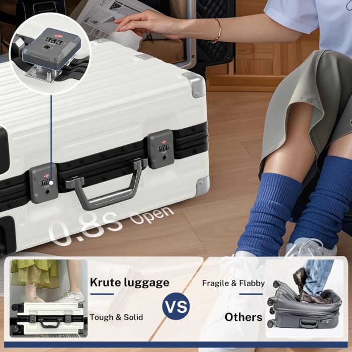Krute Carry On Luggage PC+ABS Luggage Aluminum Frame Zipperless Lightweight Hardshell Suitcase with TSA Lock Spinner Wheels 20 Inch White - Image 5