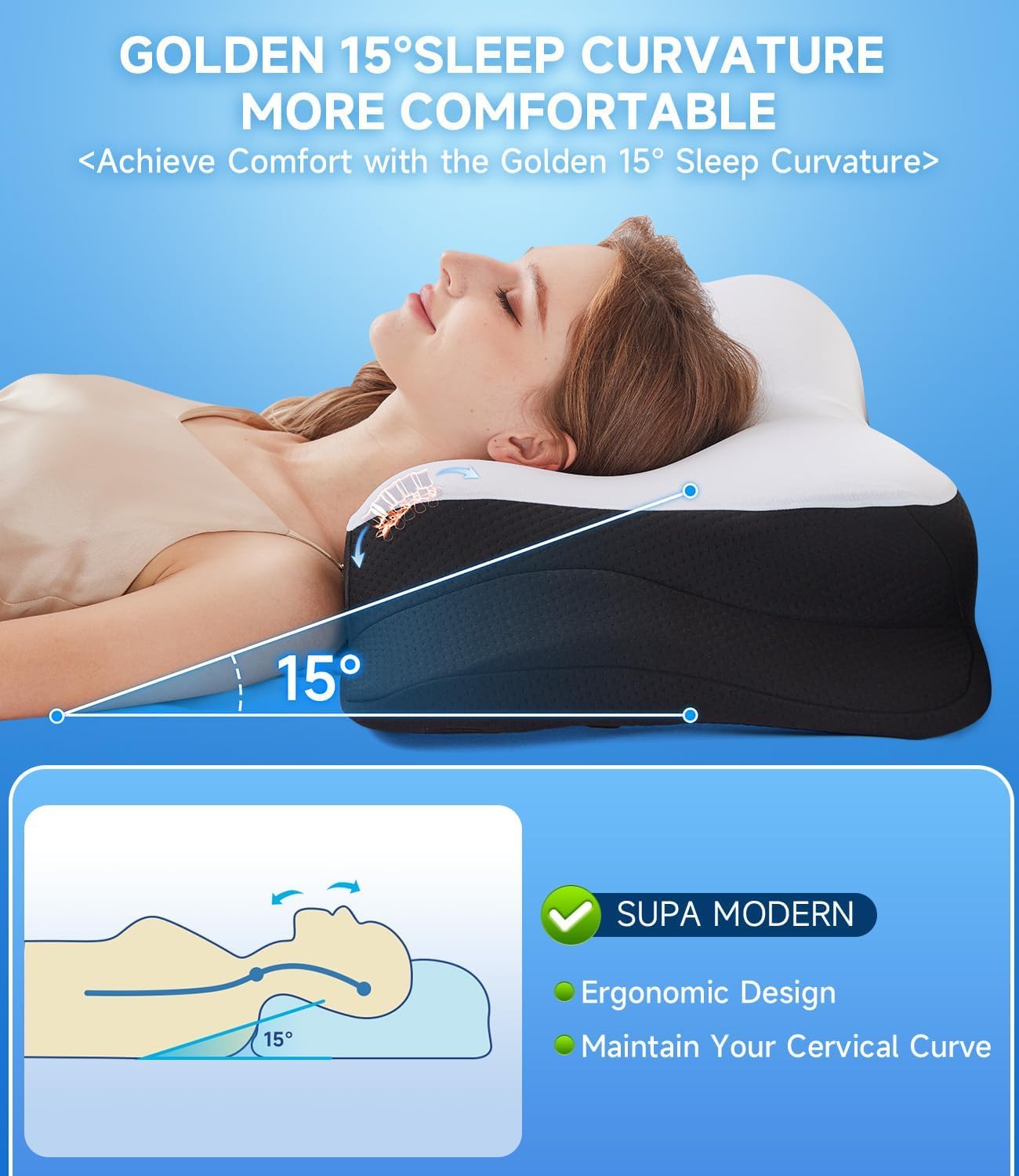 Cooling Cervical Neck Pillow for Sleeping, Contour Side Sleeper Pillow for Adults, Ergonomic Memory Foam Orthopedic Pillow Neck Pain Relief, Stomach Sleeping Pillow with Luxury Cool Cover - Image 2