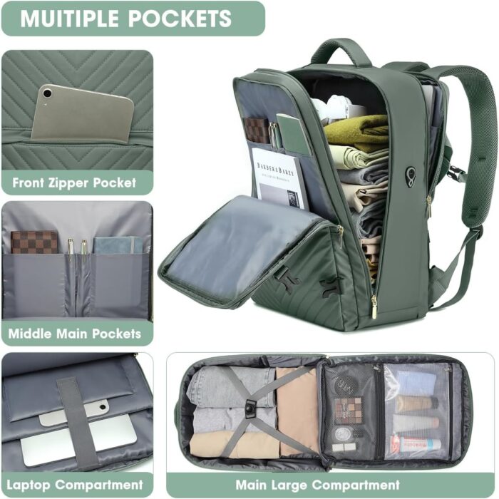 Large Carry On Travel Backpack - Flight Approved Waterproof Luggage Suitcase Backpacks Personal Item Size for Women Men Fit 17 Inch Laptop College Overnight Bag Anti-Theft Weekender Daypack Dark Green - Image 3