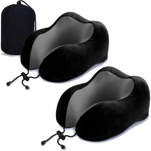 ZHCHG 2 Pack Travel Pillow, Best Memory Foam Neck Pillow for Airplane, Head Support Comfortable Pillow for Sleeping Rest, Train, Car & Home Use (2 Pack Black)
