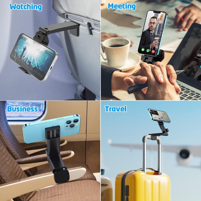 2 Pack Airplane Phone Holder Mount,NOZEWOWA 360 Degree Rotation Flight Mount Clip Portable Foldable Travel Essential for Flying Plane Tray Seat Back Voyage Gadget Women Men Toddler - Image 3