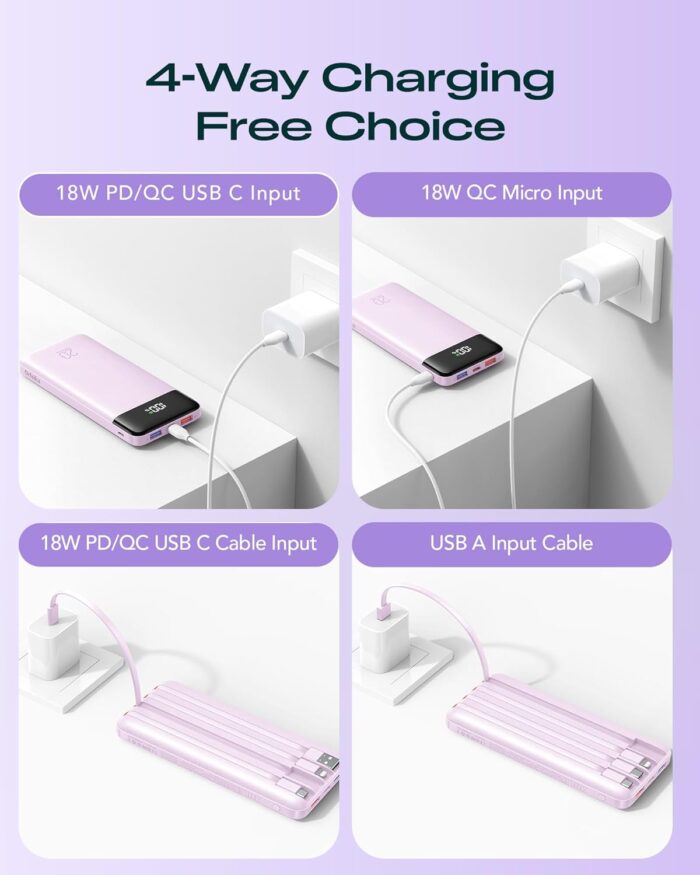 20000mAh Power Bank Fast Charging, Portable Charger with 4 Built-in Cables & 6 Outputs, 20W PD USB C Battery Pack Travel Essential Compatible with iPhone 16/15 Galaxy Google LG iPad & More (Lilac) - Image 8