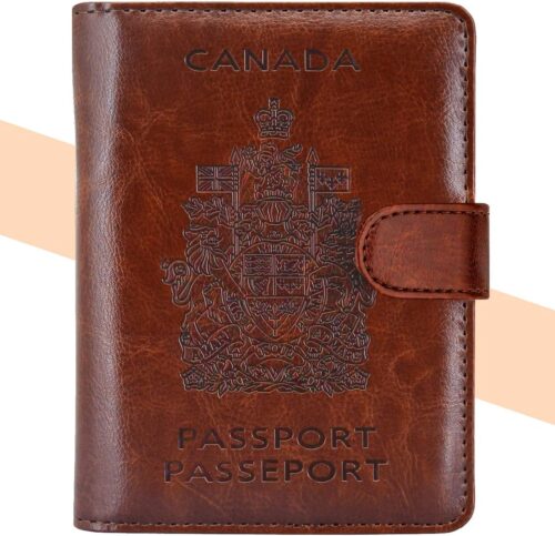Passport Holder Cover - KINGMAS RFID Blocking CA Travel Passport Wallet Leather Case - Magnetic Buckle Design (Brown)