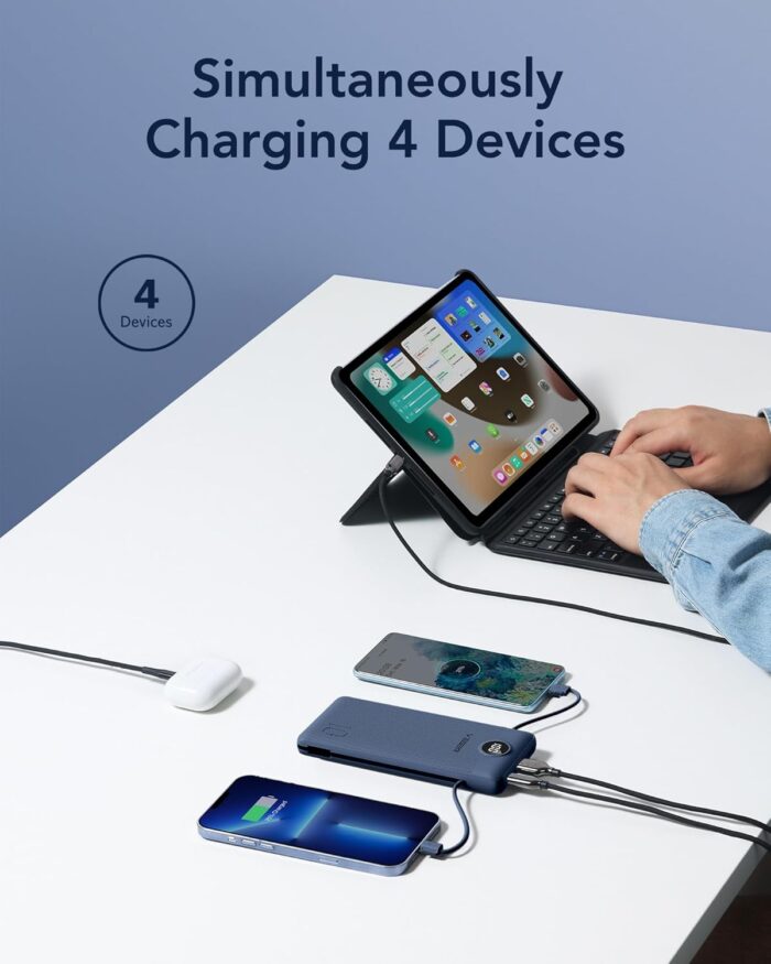 VEGER Portable Charger, 10000mAh Power Bank with Built-in Cables & Wall Plug, USB C Phone Chargers 5 Outputs 2 Inputs, Compact External Battery Pack Compatible with iPhone, Samsung, Google, iPad(Navy) - Image 4