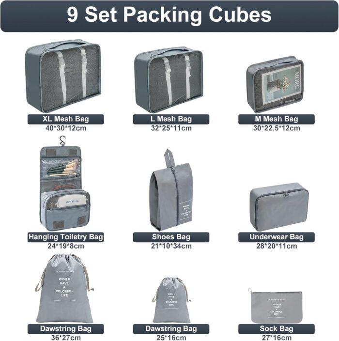 Lostrain Packing Cubes, 9 Set Travel Organizer for Carry on Suitcases Luggage Clothes Large Storage Waterproof with Toiletry Bag, Shoes Bag, Underwear Bag - Image 3