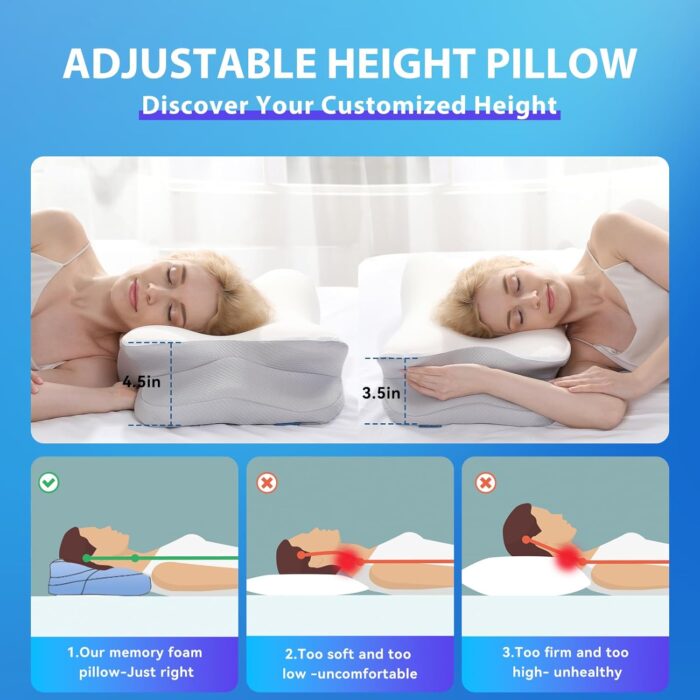 Guttylief Orthopedic Neck Support Pillow - Dual Height Adjustable Memory Foam Pillow with Cooling Silk Cover, Spine Alignment for Side/Back/Stomach Sleepers, CertiPUR-US & Oeko-TEX Certified (White) - Image 5