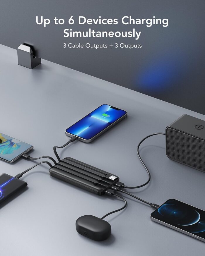 Charmast Power Bank with Built in Cables, 10000mAh USB C Battery Pack 6 Outputs 2 Inputs with LED Display Type C Powerbank Portable Charger Compatible with Smartphones Tablets and More (Black) - Image 3
