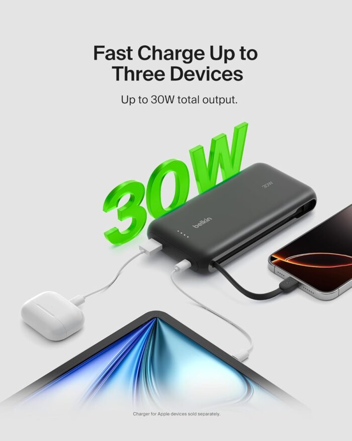 Belkin Portable Charger, Power Bank with Integrated Cable 20000 mAh 30W - Fast Charging USB C Power Delivery, iPhone Charger - iPhone 16 Series, iPad Pro, Galaxy S25 Series, & More - Black - Image 6