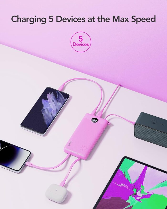 Portable Charger 10000mAh,VRURC Slim LED Display Power Bank, 5 Output 2 Input Cell Phone Battery Pack, Built-in Micro & USB C Cables Phone Charger Compatible with iPhone,Samsung,Android etc-Rose Red - Image 3
