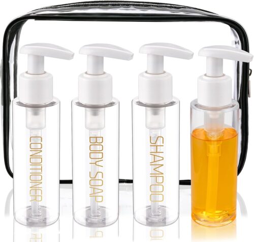 Travel Bottles Plastic Pump Bottle Dispenser Tsa Approved 3.4oz/100ml 4 Pack Travel Refillable Shampoo and Conditioner Bottles Empty Travel Size Bottles for Cosmetic, Lotion, Liquid Soap (clear)