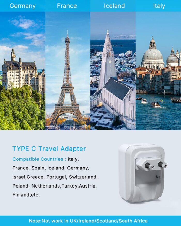 1 Pack European Travel Plug Adapter, VINTAR Foldable International Power Plug with 2 AC Outlets 3 USB Ports(2 USB C), Type C Travel Essentials Charger for Canada to Most of Europe Italy Spain France - Image 3