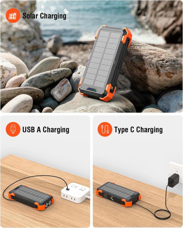Sudrov Solar Charger Power Bank, 42800mAh Portable Charger with USB-C in/Output, QC3.0 Fast Charging 15W 4 Ports Outdoor Battery Pack Built-in Dual Led Flashlights for iPhone Samsung etc - Image 4