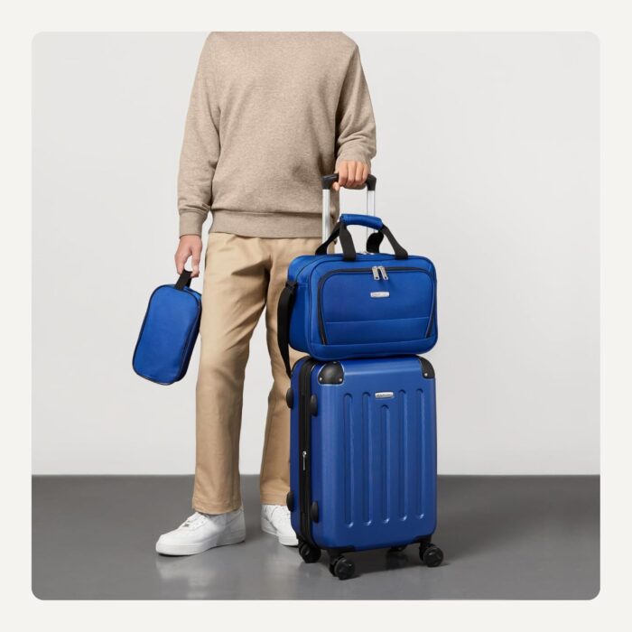 Amazon Basics 3-Piece Luggage Set, Including One Carry On Luggage (56 cm Expandable Hardside Suitcase With 8 Spinner Wheels), a 38 cm Tote Bag and a 25 cm Compact Travel Bag, Navy Blue - Image 3