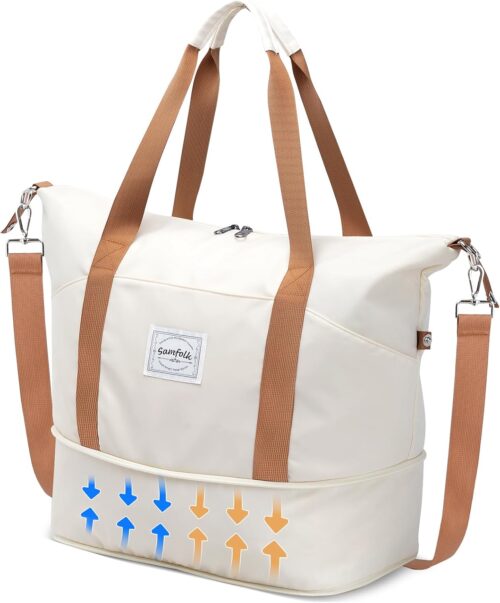 Travel Duffel Bag, Carry on Luggage Bag for Airplanes, Sports Gym Tote Bag for Women, Lightweight Weekender Overnight Shoulder Bag Waterproof Beach Hospital Bag (Beige)