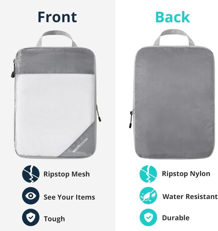 NICOSHOW 6 Set Compression Packing Cubes, Compressible Travel Packing Cubes Travel Essentials, Luggage Organizers for Carry-on Suitcase, Travel Bag Organizer, Grey - Image 5