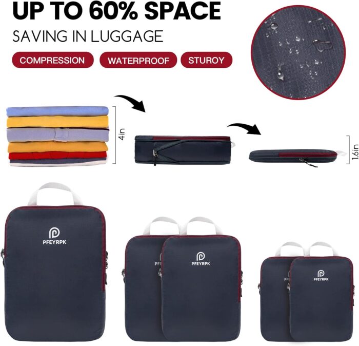 PFEYRPK Ultralight Compression Packing Cubes for Travel,Expandable Packing Organizers for carry on Suitcase With Clear Toiletries Bag and Backpack Bag 7 Set - Image 3