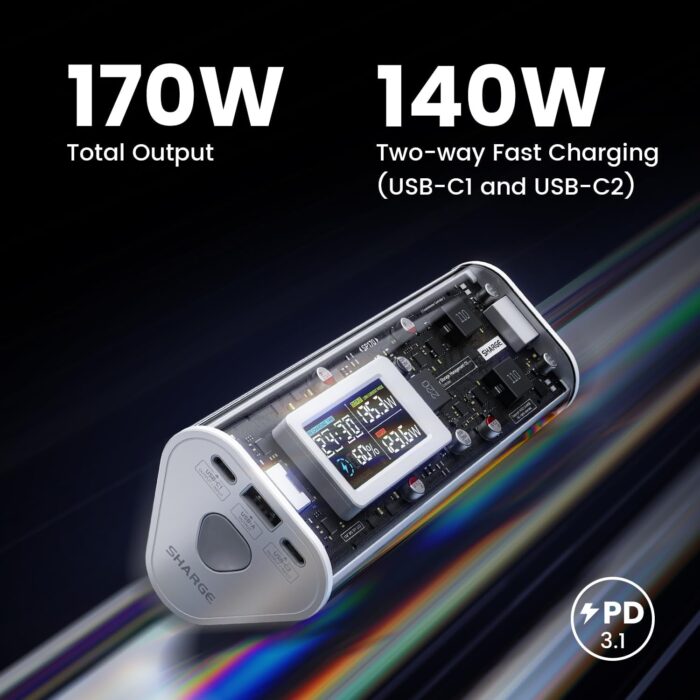 SHARGEEK 170 Power Bank, 170W Output 24,000mAh Portable Charge with Smart Display, IP66 Waterproof with 3 Port Compatible with iPhone 15/14/13 Series, Samsung, MacBook, and More - Image 2