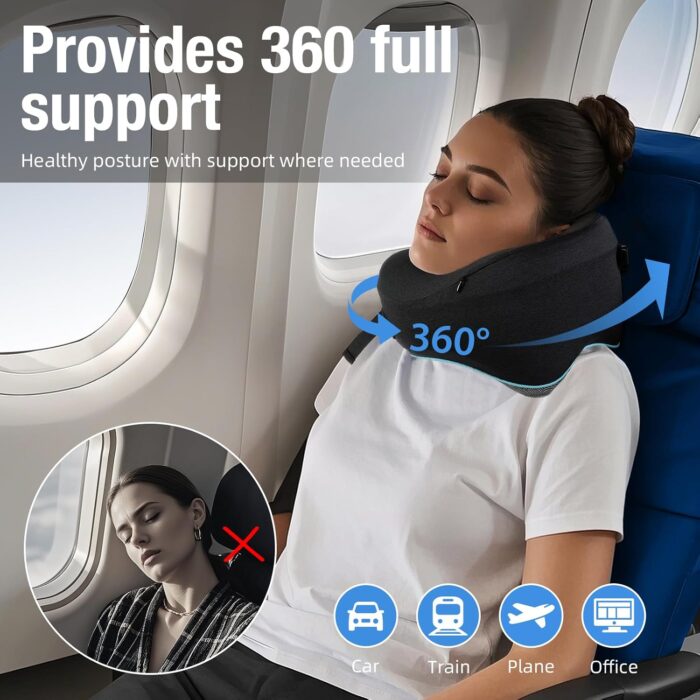 Travel Pillow, Neck Pillow Travel for Airplane- Super Soft Cover & Memory Foam Travel Neck Support Pillow, Ideal for Car/Train/Camping with Carry Bag, Airplane Travel Essentials-Black - Image 2