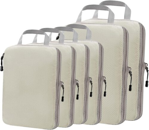 Komugi Compression Packing Cube 6 set, Waterproof Travel Luggage Packing Organizer Accessories,3 Sizes Expandable Packing Cubes(No mesh Beige)