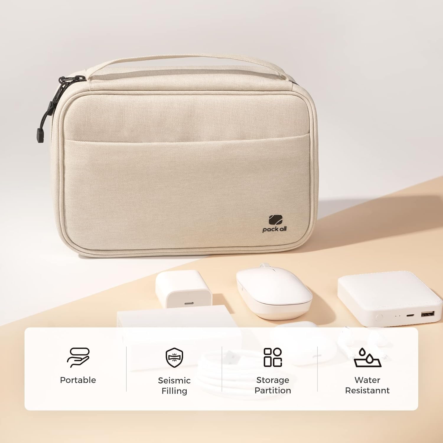 pack all Electronic Organizer Plus, Larger Capcity Cable Organizer Bag, Shockproof Carrying Case, Portable Cord Travel Organizer Storage Bag for Cables, Chargers, Phones, USB, SD Cards(Beige) - Image 2
