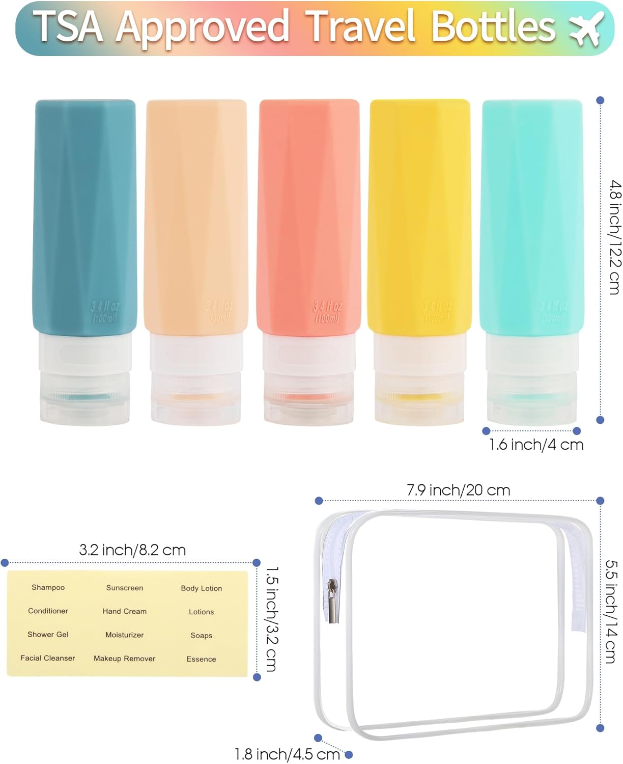 Weseewd 100ml Travel Bottles for Toiletries, 5 Pack TSA Approved Silicone Travel Size Toiletries Bottles, Refillable Leak Proof Travel Accessories Essentials for Cometic Shampoo Conditioner Lotion - Image 7