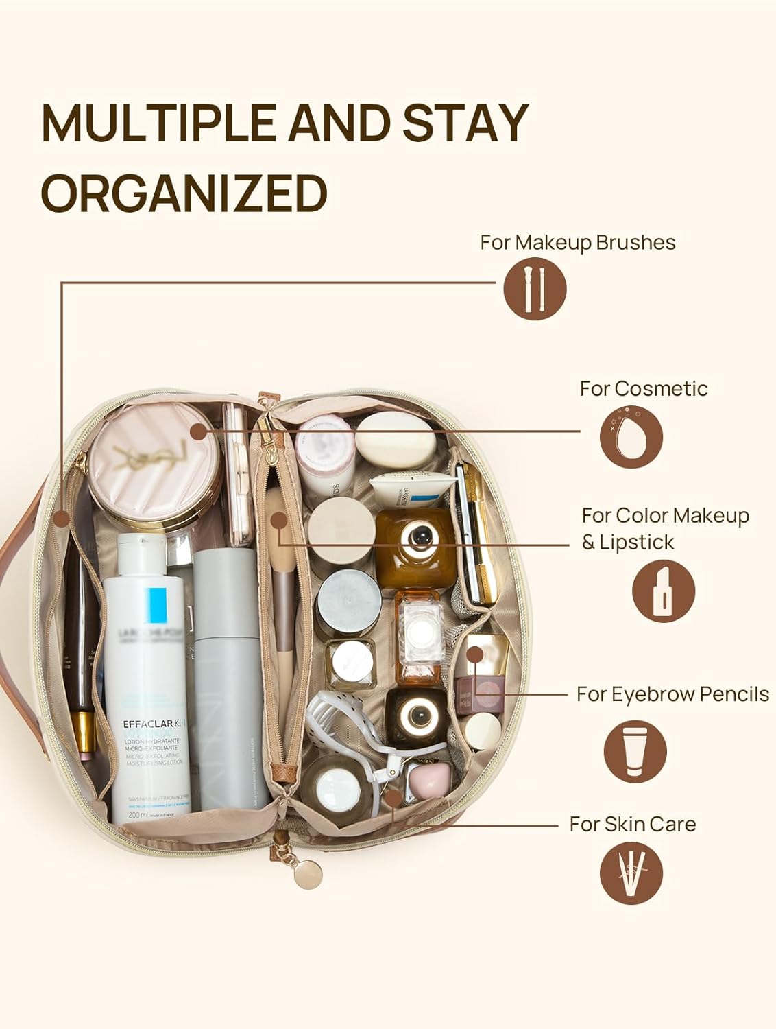 Telena Makeup Bag Large Capacity Travel Cosmetic Bag Portable PU Leather Waterproof Makeup Organizer Bags for Women with Handle and Divider Open Flat Beige with Brown - Image 2