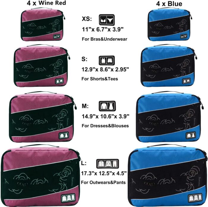 Komugi 8 Set Packing Cubes - Waterproof Mesh Travel Luggage Packing Organizer (Wine&Blue) - Image 2