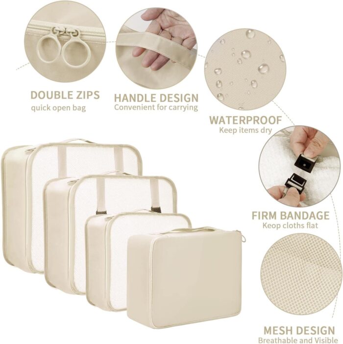 Awvuq 9 Set Packing Cubes Travel Organizer Foldable Travel Packing Cubes Waterproof Compression Packing Cubes for Carry on Luggage Clothes Shoes Travel Accessories (Beige) - Image 4
