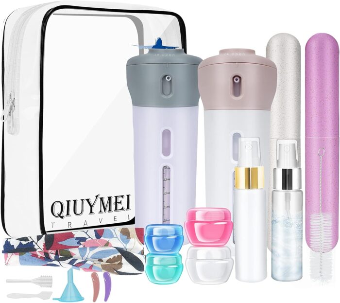 19 Pack Travel Bottles Set, QIUYMEI Leak Proof Travel Accessories, Refillable Travel Size Toiletries Containers for for Makeup Travel Supplies with TSA Quart Bag