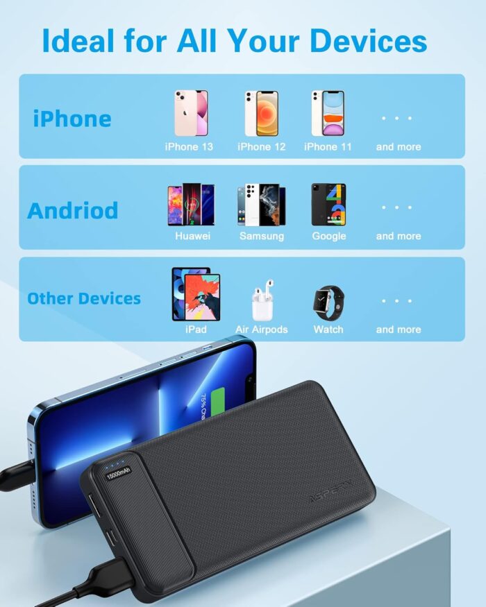 AsperX 2-Pack 15000mAh Portable Charger Power Bank 3A Fast Charging, USB C Output Portable Battery Bank External Battery Pack for iPhone 16/15/14/13, Galaxy, Google LG,Tablets and Heated Vest - Image 7