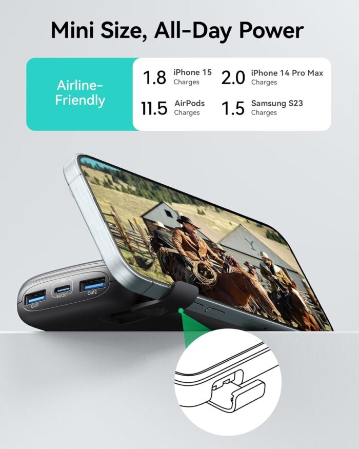 INIU Power Bank, Smallest 22.5W 10000mAh Portable Charger, USB C in&Out Fast Charging 3-Output Mini Battery Pack Charger with Phone Holder for iPhone 17 16 15 14 Samsung S24 S23 AirPods iPad etc - Image 5